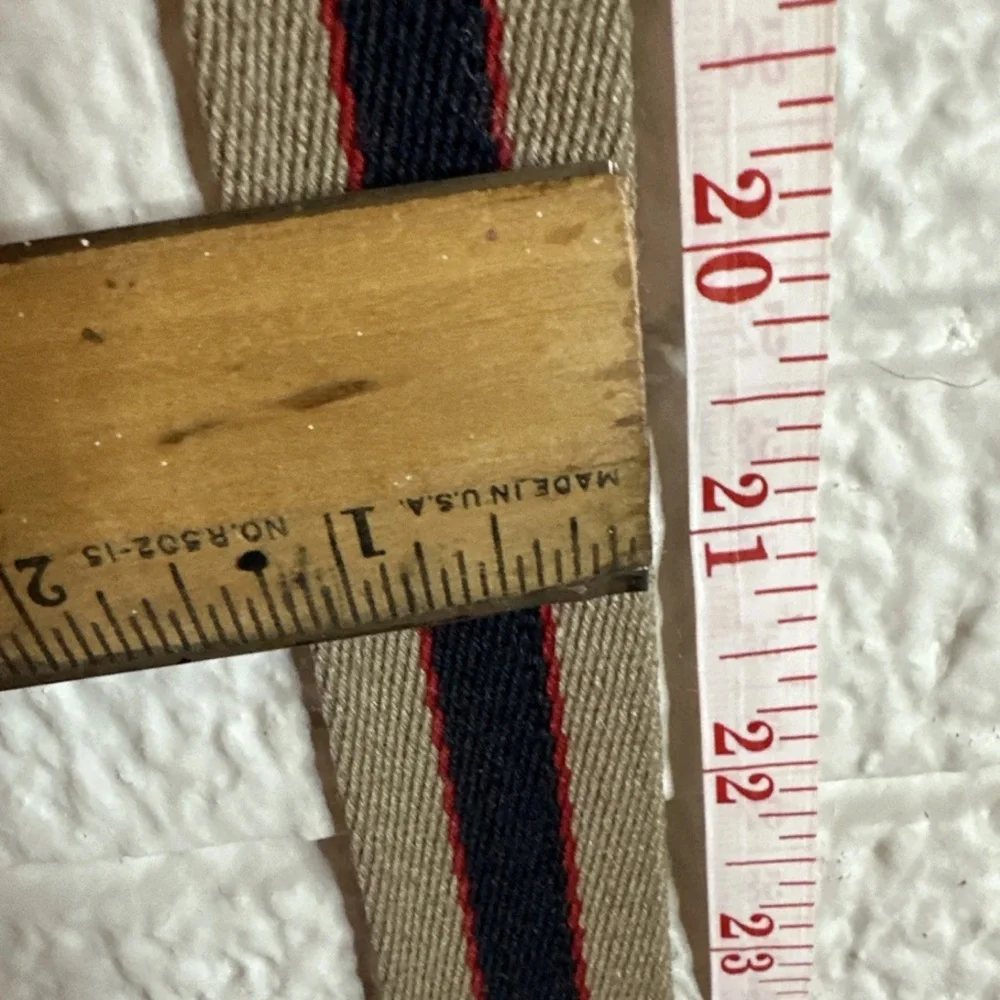 LANDS END Belt Mens 42 Canvas Leather Blue Red Made in USA Golf Vintage
